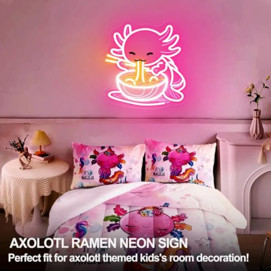 Axolotl Neon Sign, Dimmable Ramen Axolotl LED Neon Light, Cute Anime Japanese Noodles Light Up Sign, for Gaming Rooms Bedrooms