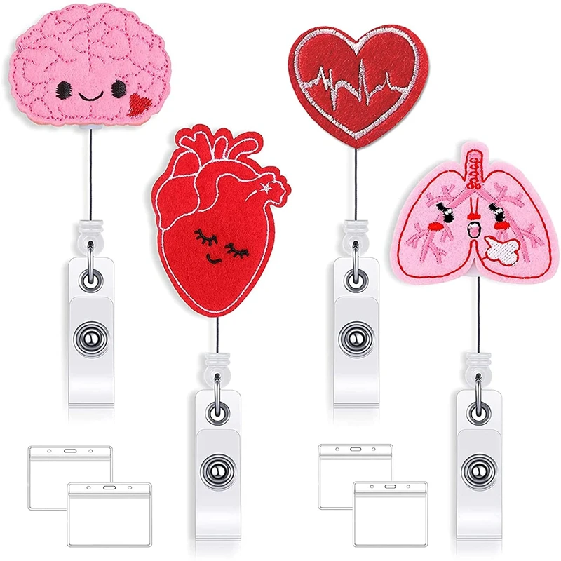 4 Pieces Nurse Badge Holder Reel Retractable Badge Clip ID Felt Decorative Cute Badge Reel (Brain, Heart, Lung)