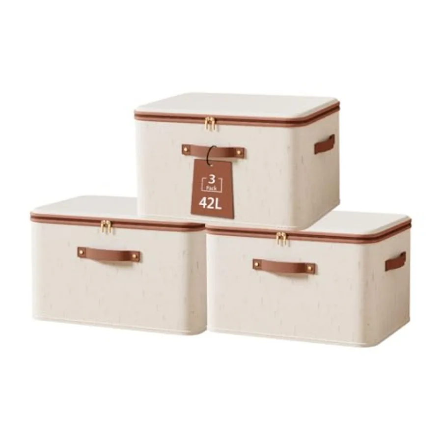 

3 Pcs Rigid Storage Bins with Zipper Lid, Cotton Linen Fabric Storage Boxes, Foldable Shelves Clothes Storage Cubes with Handle