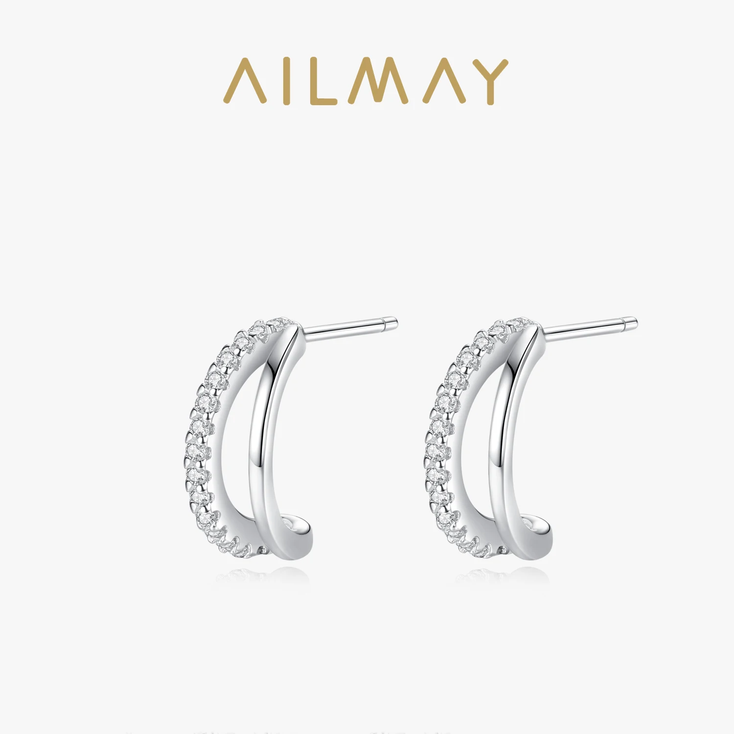 Ailmay Authentic 925 Sterling Silver Sparkling CZ Simple Geometric Line Design Earrings For Women Wedding Engagement Jewelry