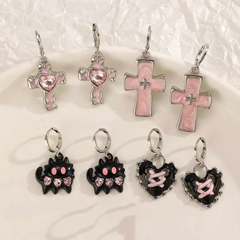 Harajuku Vintage Aesthetic Pink Cross Heart Pendant Earring for Women Girl Y2K Grunge 2000s EMO Jewelry Accessories
