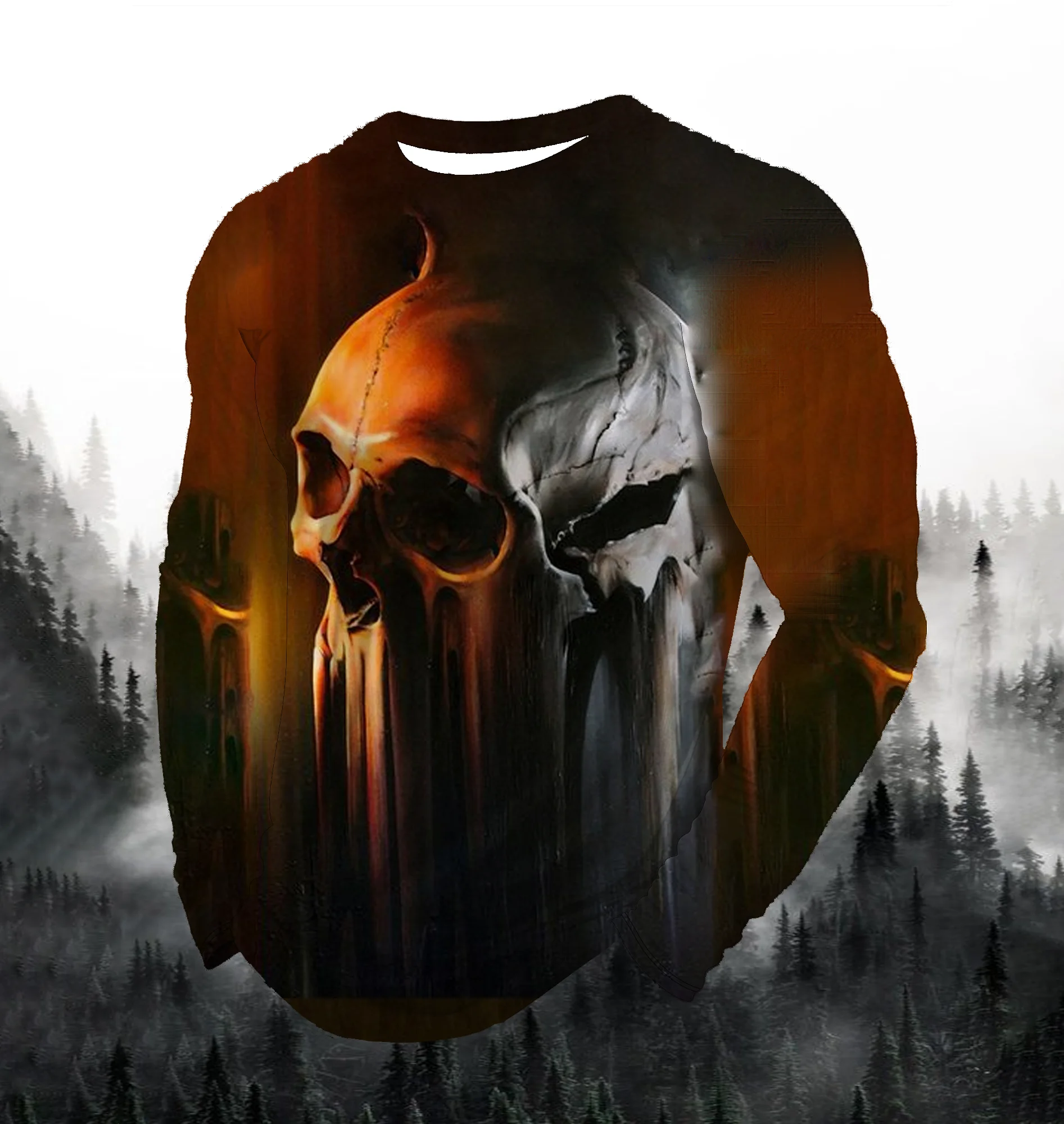 Skull horror Halloween pattern men's street long sleeve T-shirt spring and autumn 3d printing fashion loose men's casual tops