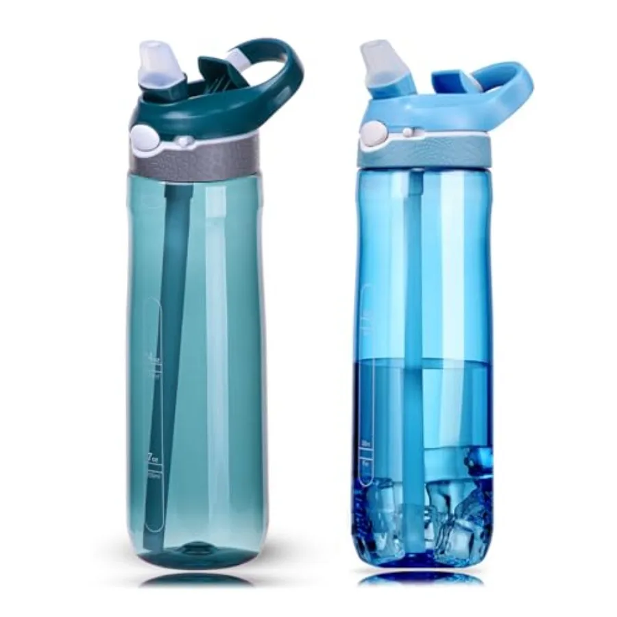 

2-Pack 24oz Light Blue and Dark Cyan Water Bottles With Straw, Leakproof BPA FREE Hidden Nozzle, Flip Up Lid Has Handle Wide Bo