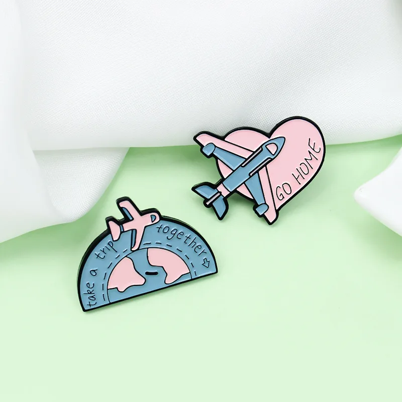 Cartoon Plane Heart Travel Earth Enamel Pins GO HOME take a trip together Brooches Bag Lapel Badges Jewelry Gifts for Friends