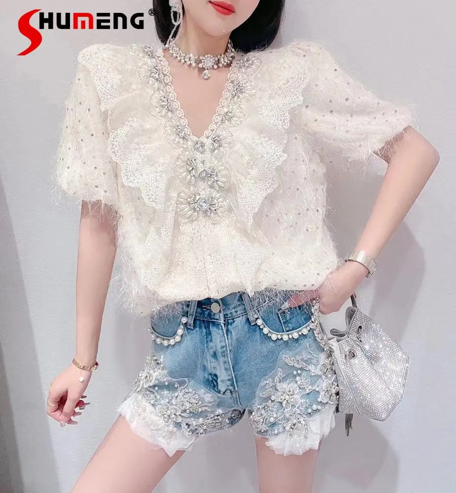 

French Minority Short Sleeve Tops 2023 Summer Heavy Industry Beads Rhinestone Sequins Tassel Lace Ruffled V-neck Shirt for Women