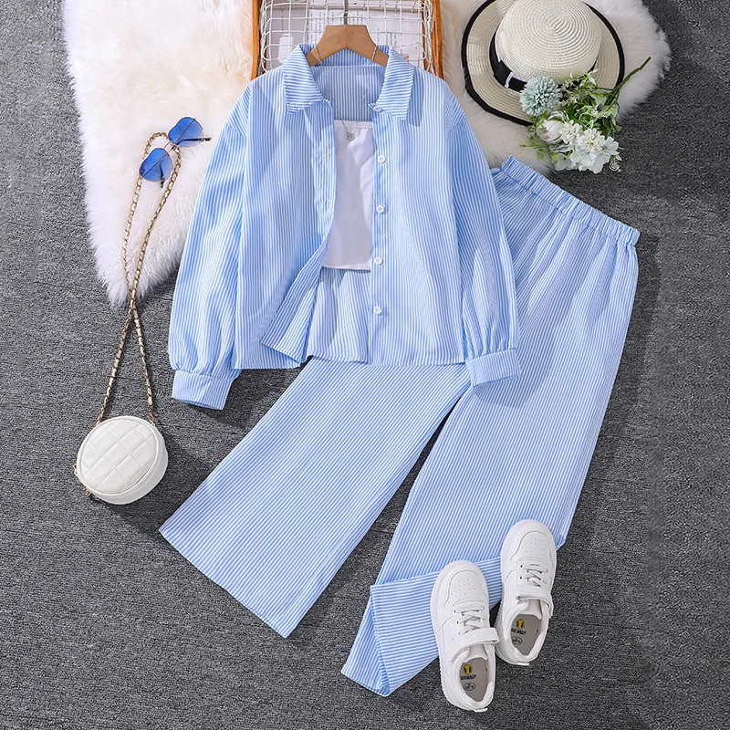 New Spring Autumn Children\'s Clothing Sets 2Pcs Girls Blue Striped Long Sleeve Chemise + Casual Loose Straight Leg Pants 8-12Y