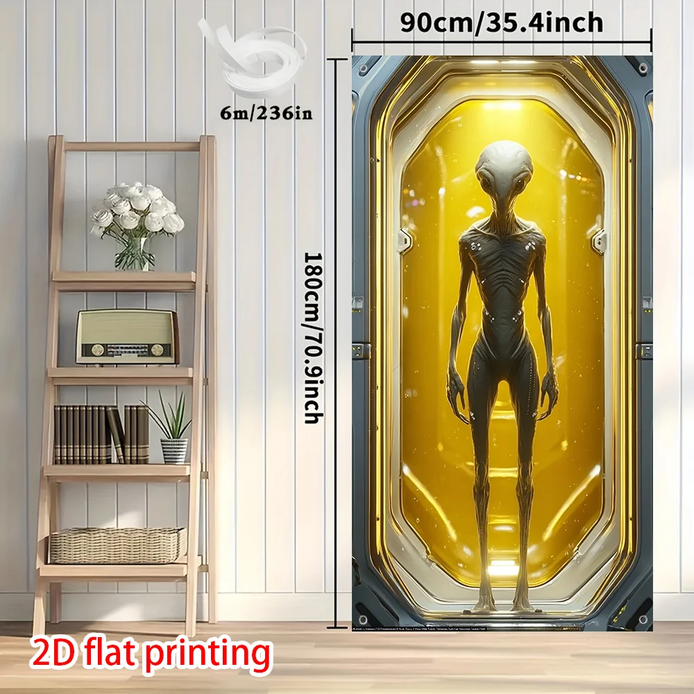 2D-Bildschirm, 2D-Vorhang, 1 Vorhang mit außerirdischen Raumschiffen – Sci-Fi-Raumschiffkorridor mit Paneelen und außerirdischen Charakteren – Detail 3