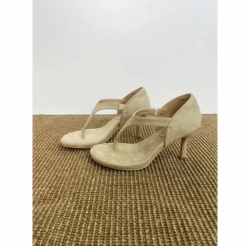 Flip-flops Shoes for Womens Round Toes High Heels Sewing Lines Tacones Suede Zapatos Mujer Solid Chassure Femme Pleated Sandals