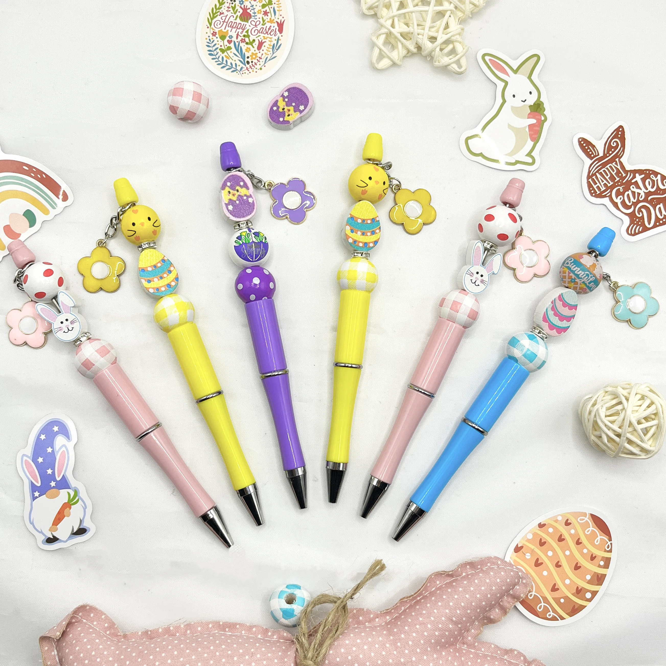 8PCS New Colorful Easter Bunny Broken Egg Chicken Easter Egg Theme DIY Beaded Ballpoint Pen&Wooden Bead Set，Office&Study Supply
