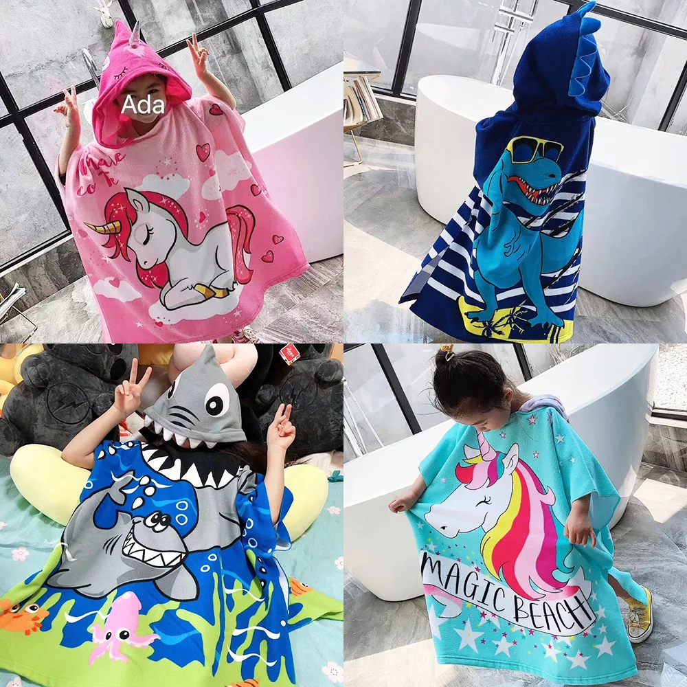 Sports Towel Kids Dinosaur Cartoon Print Hoodie Robe Bathing Swimming Wrap Cloth Beach Blanket Quick Drying Microfiber Children