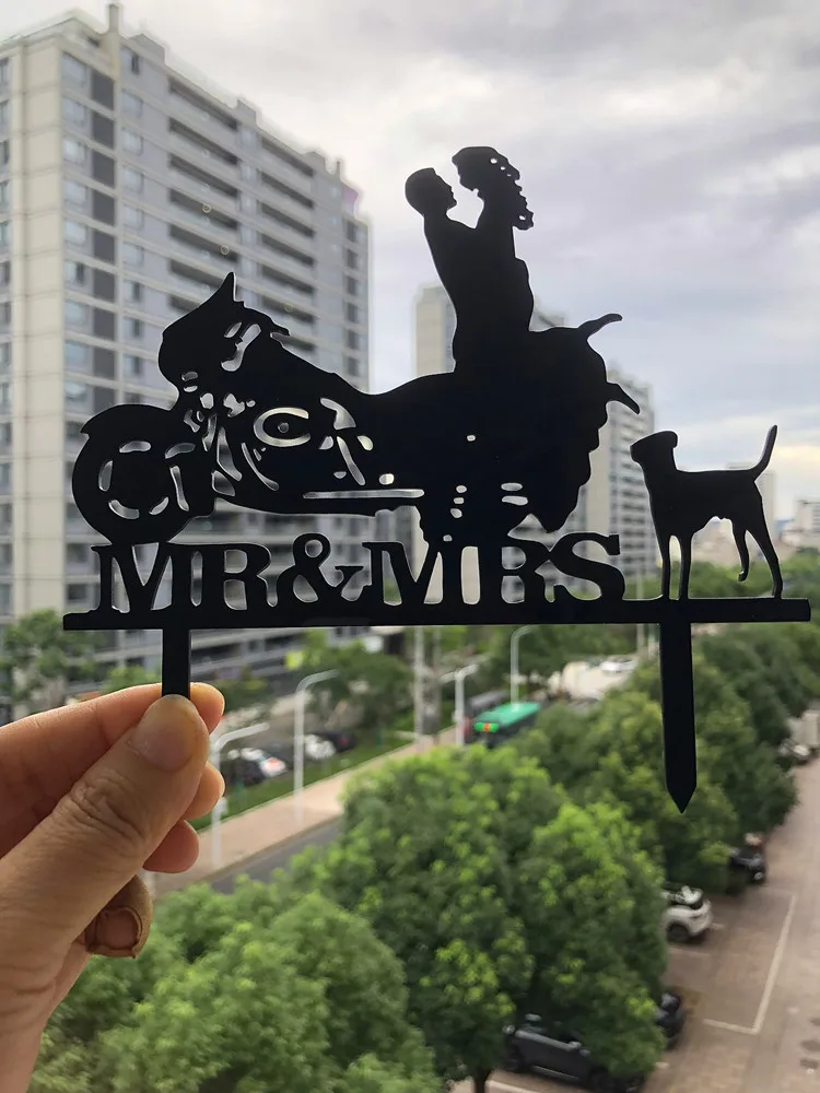 Motorcycle Style Wedding Cake  Topper Bride and Groom With Pet  Cake Toppers Wedding/Anniversary/Bridal Shower Party Decor