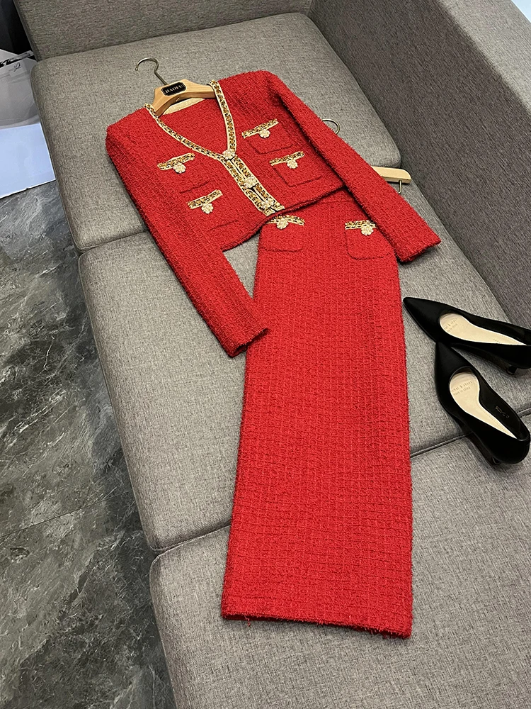 

Heavyweight Knitted Set with Diamond Decorations ort Open Cardigan And Long Wraparound Skirt for Women Autumn Winter Faion