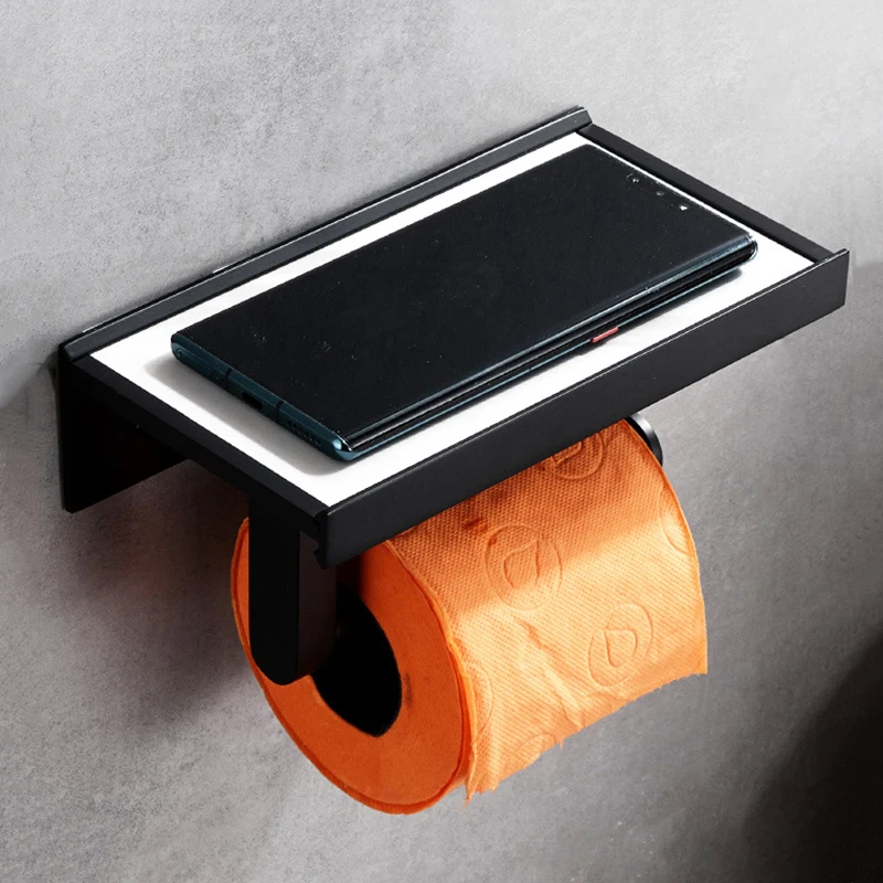 Black Toilet Tissue Holder White SLATE Bathroom Paper Roll Holder Wall-mounted Mobile Phone Holder Storage Rack Brushed Gold