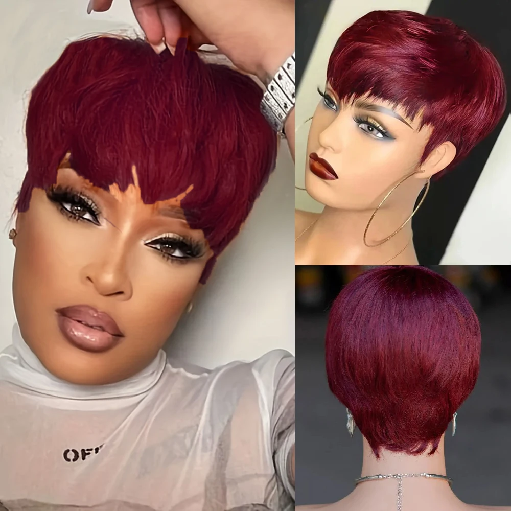 Ginger Color Short Pixie Cut Human Hair Wigs with Bangs Burgundy Orange Black Color Full Machine Made Wig