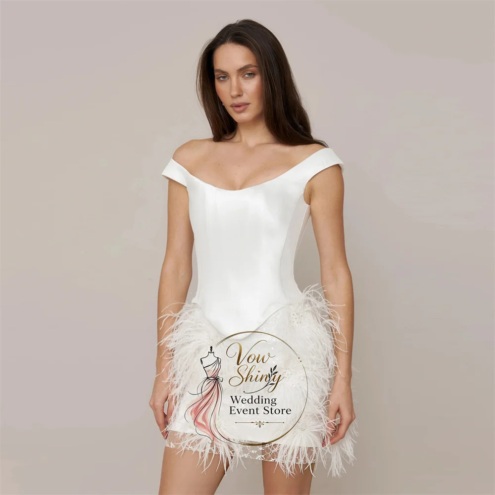 Vow Shiny Exquisite Off Shoulder Mini Sheath Wedding Dress Feather Lace Up 2027 Bridal Gown Customized Vestido De Novia ﻿ ﻿