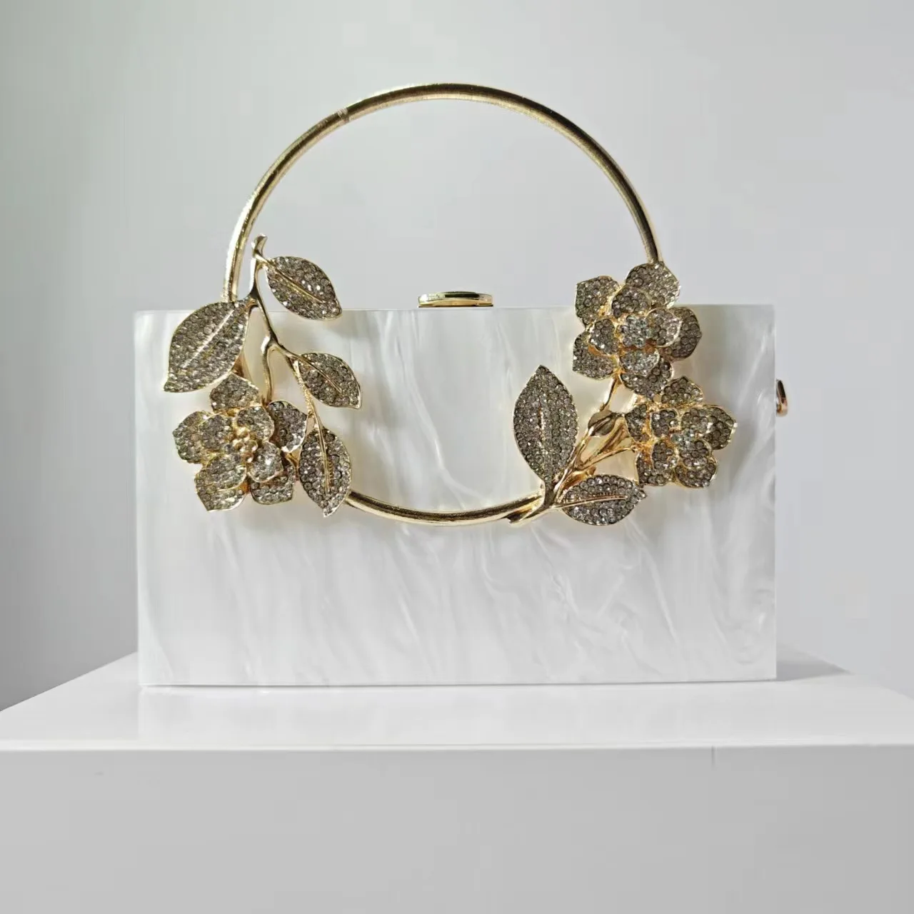 For Wedding Bride Women Pearl Marble Crystal Metal Handle Acrylic Box Evening Bags Pochette Prom Clutches Bag Luxury Party Purse - Image 3