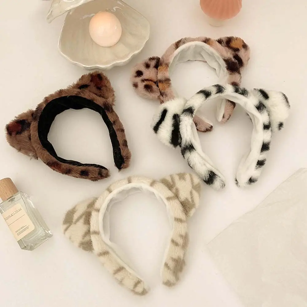 Hair Accessories Tiger Head Faux Fur Leopard Print Leopard Pattern Hair Hoop Cat Ears Headbands Washing Face Plush Hair Bands