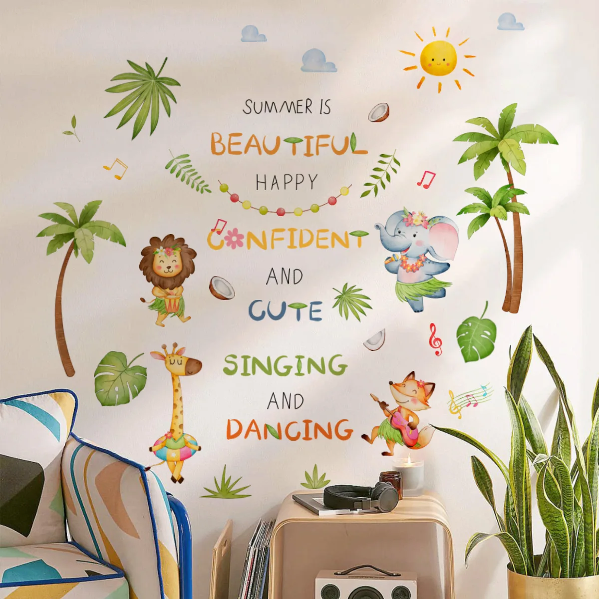 

Cartoon Animal Coconut Tree Background Decoration Children's Room Self-adhesive Wall Sticker