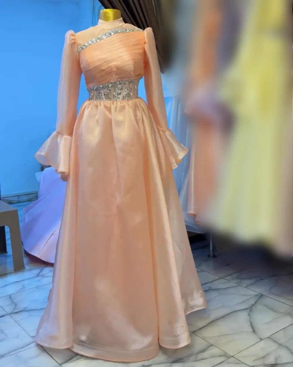 Customized Rhinestone Pleat High Collar A-line Long Dresses Bespoke Occasion Classic Women's Evening Sparkle Party Gown Chic