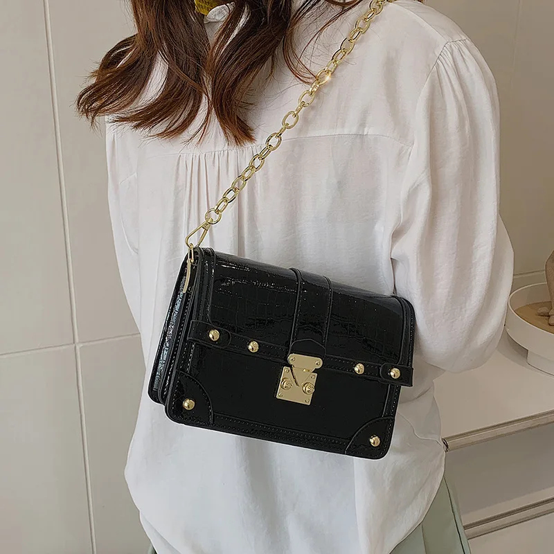 2025 New Y2K Women's Handbag Holographic Crocodile Mini Square Bag Lock Clasp Metal Chain Chic Fashion Shoulder Crossbody Bag