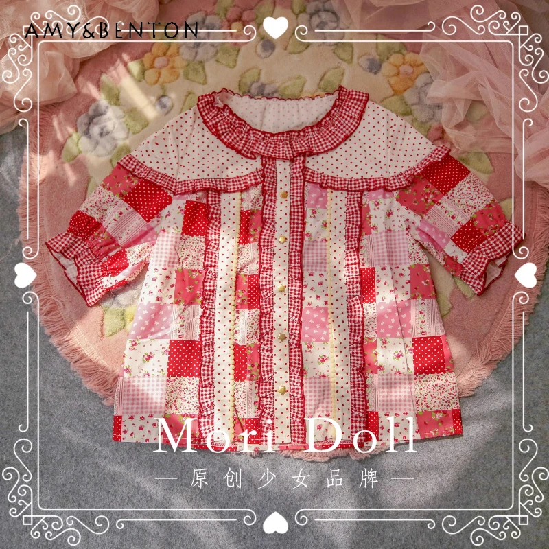 

Осенняя новая милая клетчатая женская рубашка в горошек, оригинальный дизайн, ретро, полностью хлопковые свободные рубашки с короткими рукавами, женские рубашки