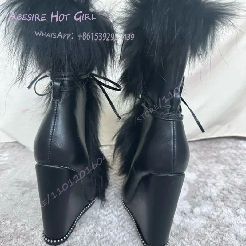 طويل أفخم غامض الأسود إسفين كعب العجل أحذية النساء أشار تو الدانتيل متابعة شتاء دافئ حذاء أنيق عالية الكعب ريشة شرابة تصميم
