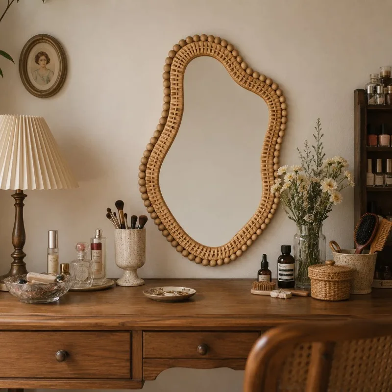 Boho Wall Decor Mirror Irregular Boho Wall Decor Mirror Farmhouse Rustic Decorative Wooden Bead Hanging Mirrors