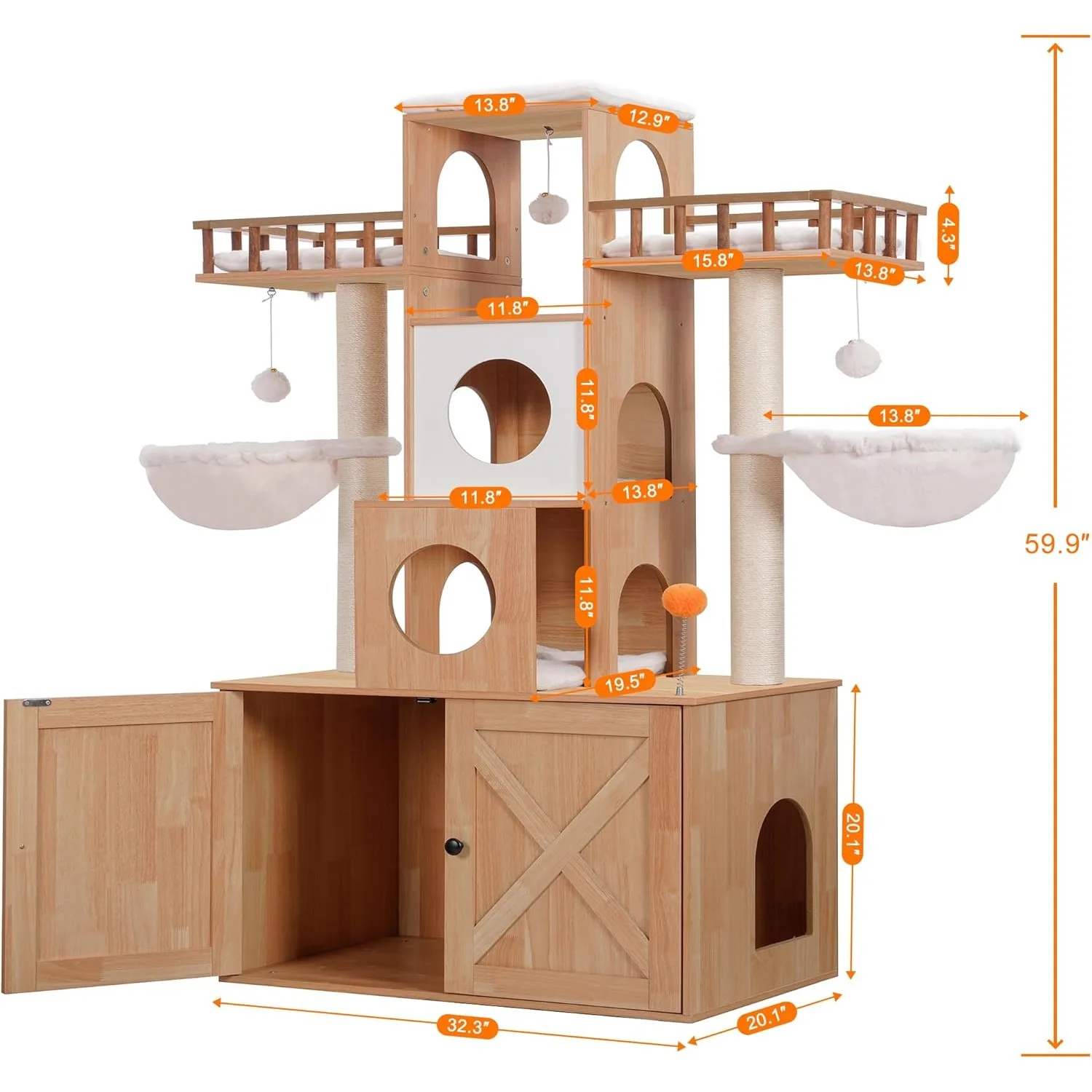 Cat Tree with Litter Box Enclosure for Indoor Big Cat, Modern Cat Condo Furniture with Scratching Posts, Walnut