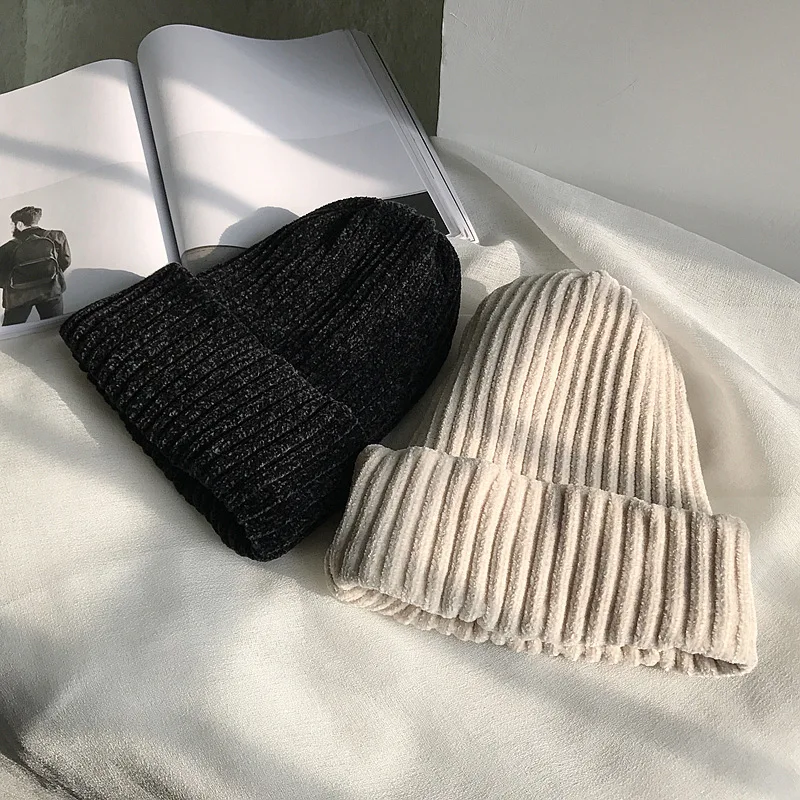 Solid Color Chenille Knitted Beanies Winter Warm Snow Soft Comfortable Skullies Beanies Cap Men Women Outdoor Leisure Hat