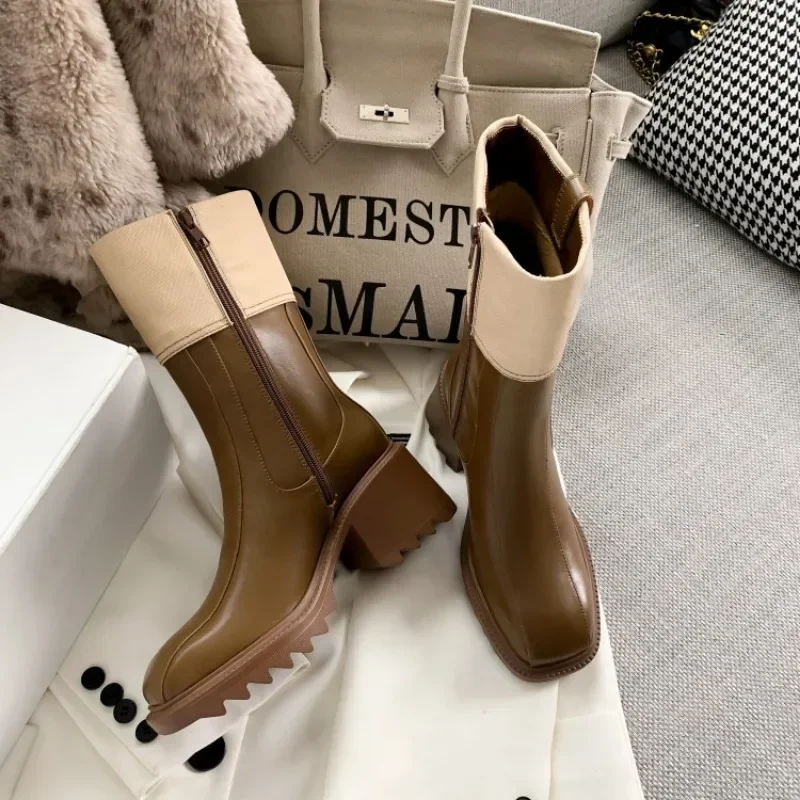 Side Zipper Winter Women Boot  New Vintage High Heel Mid Sleeve Boot Coarse Heel Leather Boot Luxury Designer Shoe Women Shoe