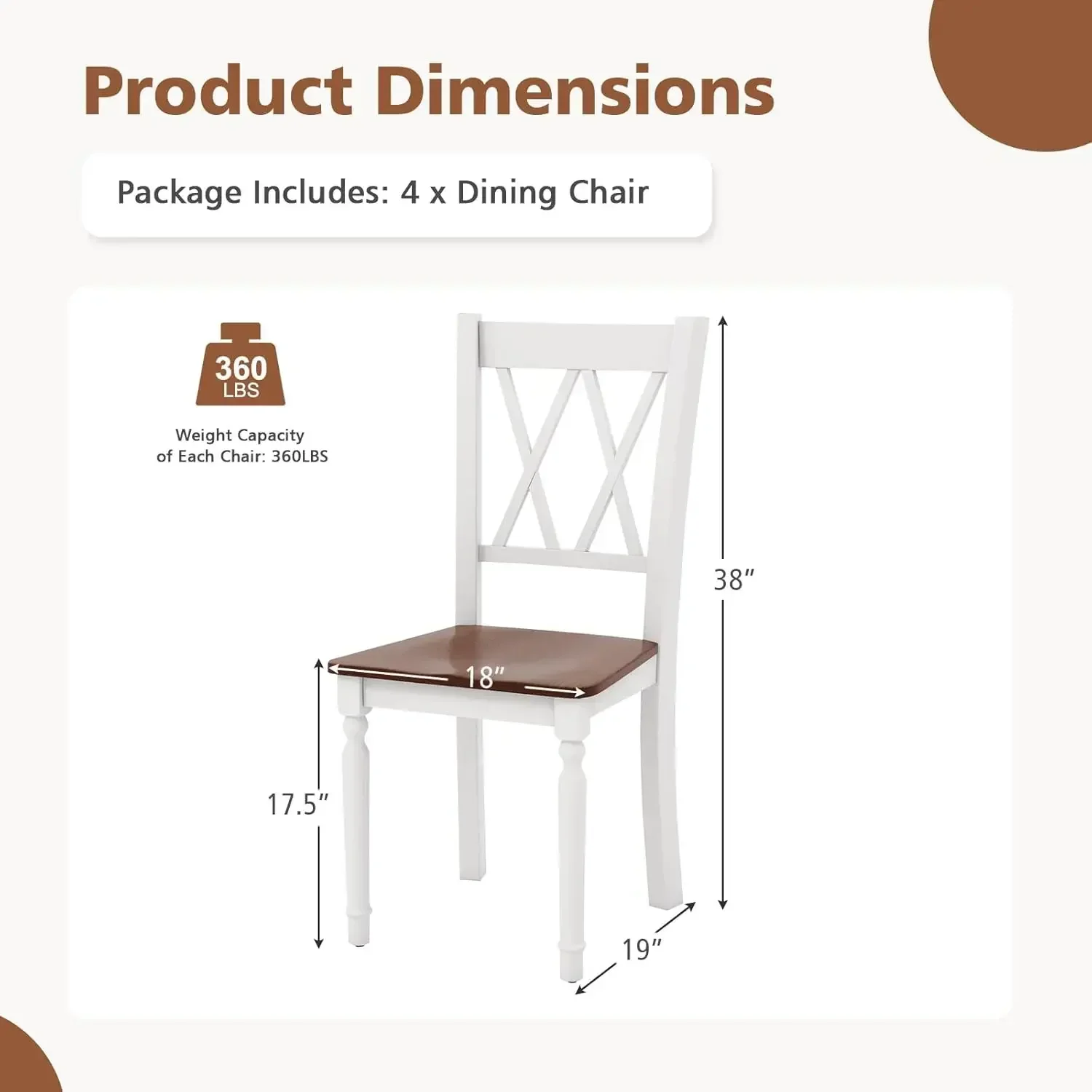 Dining Room Chairs Set of 2 White, Wooden Farmhouse Kitchen Chairs with Rubber Wood Seat, Acacia Wood Legs, Max Load 360 Lbs, He