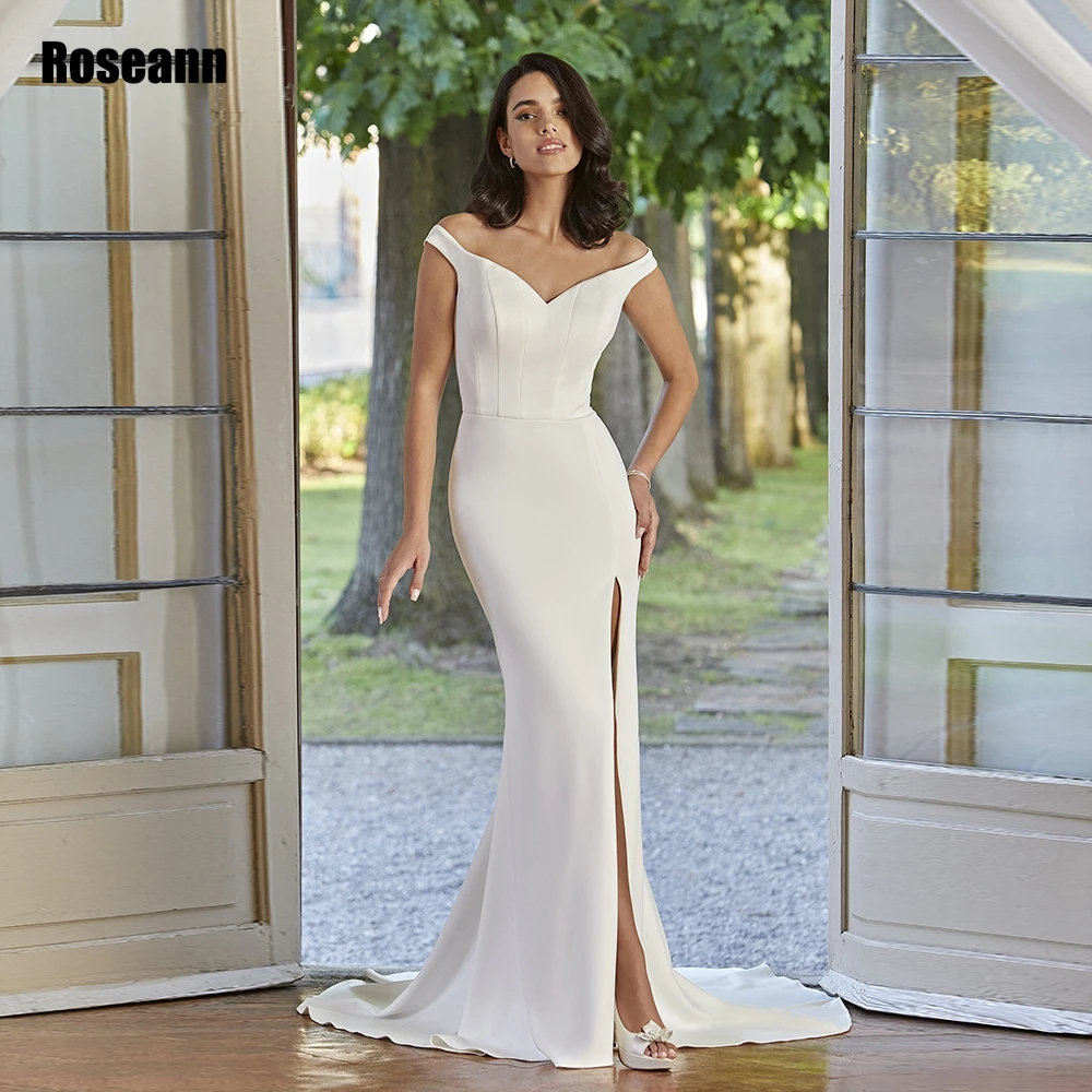 

Simple Satin Wedding Dresses For Women Off The Shoulder High Slit Bridal Gowns Button Back Court Train A Line robe de mariée New