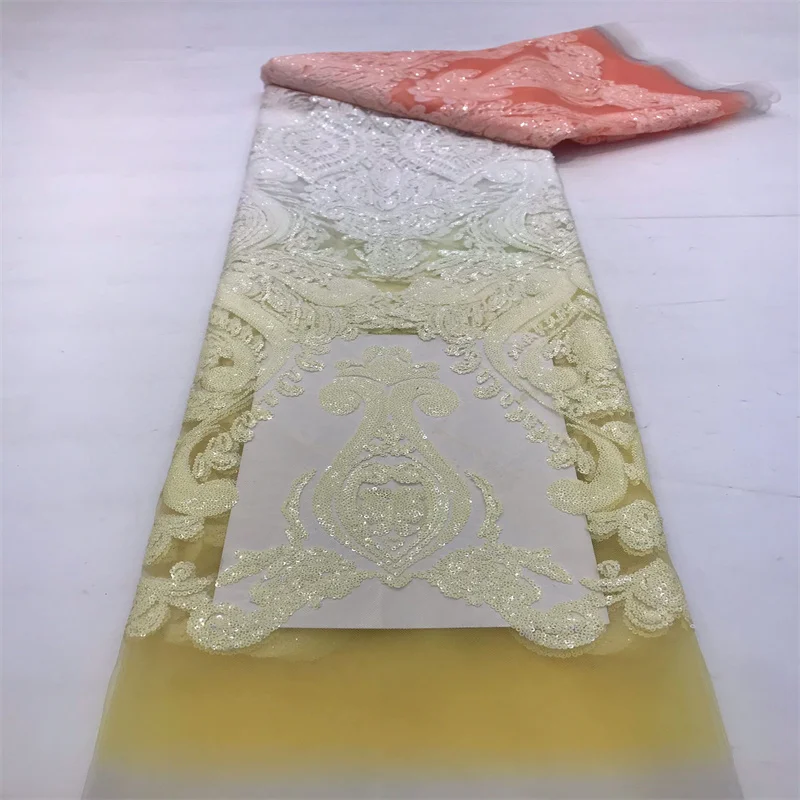 

African Lace Fabric High Quality Bride FrenchYellow/Pink Sequins Lace Fabric 5 Yards Nigerian Wedding Dress for Women Sew
