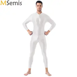 Mens Male One-piece Ankle Length Jumpsuit Shimmery Lingerie High Neck Long Sleeves Double-ended Zipper Crotch Leotard Bodysuit