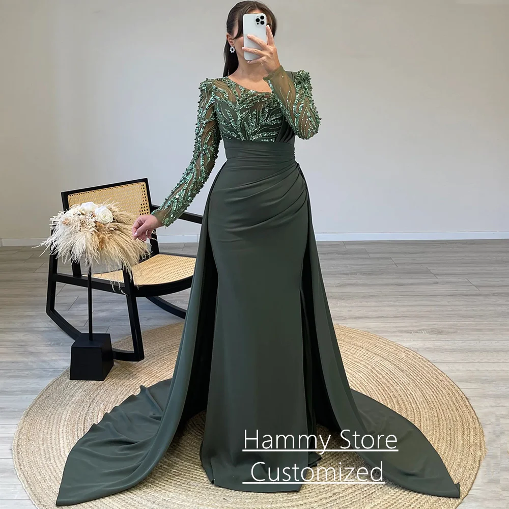 Fashion Mermaid Evening Dress with Train Customized Long Sleeves Beading Sequined Long Prom Gown Dubai Party Dresses