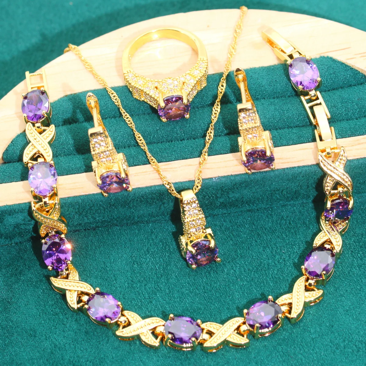 

Благородные комплекты ювелирных изделий золотого цвета для женщин, свадебные серьги с фиолетовым цирконием, ожерелье, кулон, кольцо, браслет, праздничные подарки для свиданий