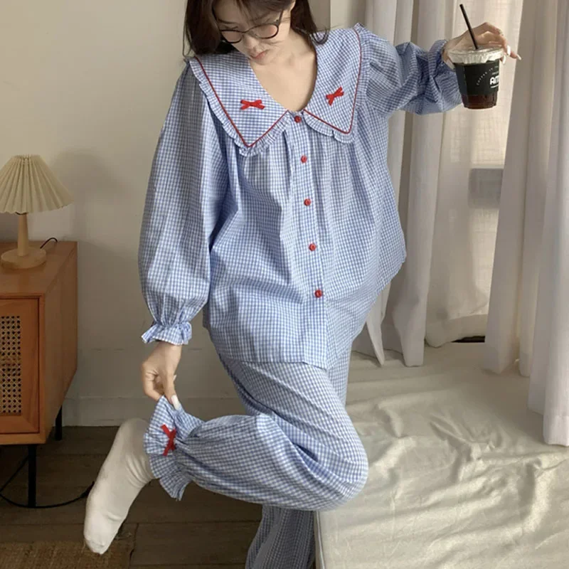 Autumn New Pajamas Women Long-sleeved Cute Doll Collar Plaid Homewear Suit Loose Pants 2 Pieces Set Sleepwear Button Pijamas