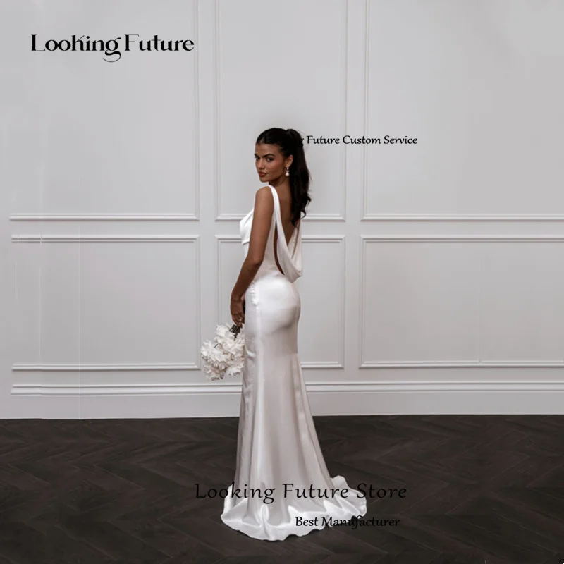 Simple Mermaid Satin Wedding Dress Elegant Sleeveless Pleat Spaghetti Straps Bridal Gowns Sexy Backless Square Collar Customized