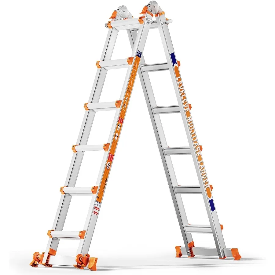 A Frame 6 Step Ladder 22FT Extension Ladder with Stabilizer Bar Wheels 330 lbs Security Load Multi Position Ladder for Stairs H