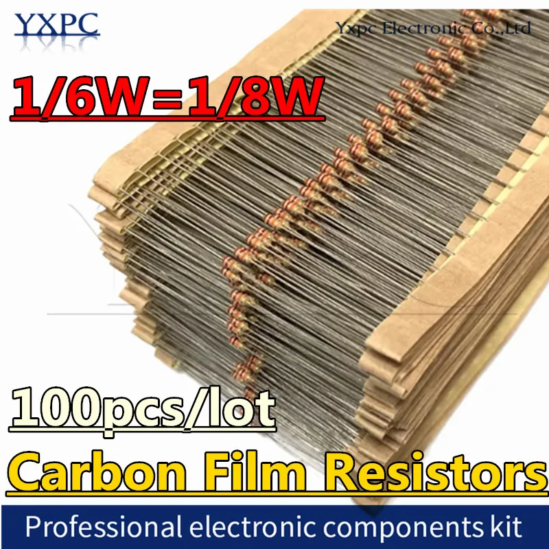 

100 шт. 1/6W углеродные пленочные резисторы 5% 1R-1M 10R 47R 100R 220R 1K 2K 10K 47K 4K7 200 100K 470K 560K 1M Ом 1/8W 680R 910R 120K