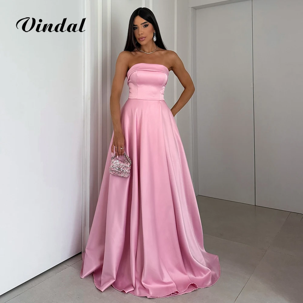 

Vindal Pink Strapless Satin Long Prom Dresses Sleeveless Backless Sexy A-Line Evening Party Gowns with Slit for Women Customized