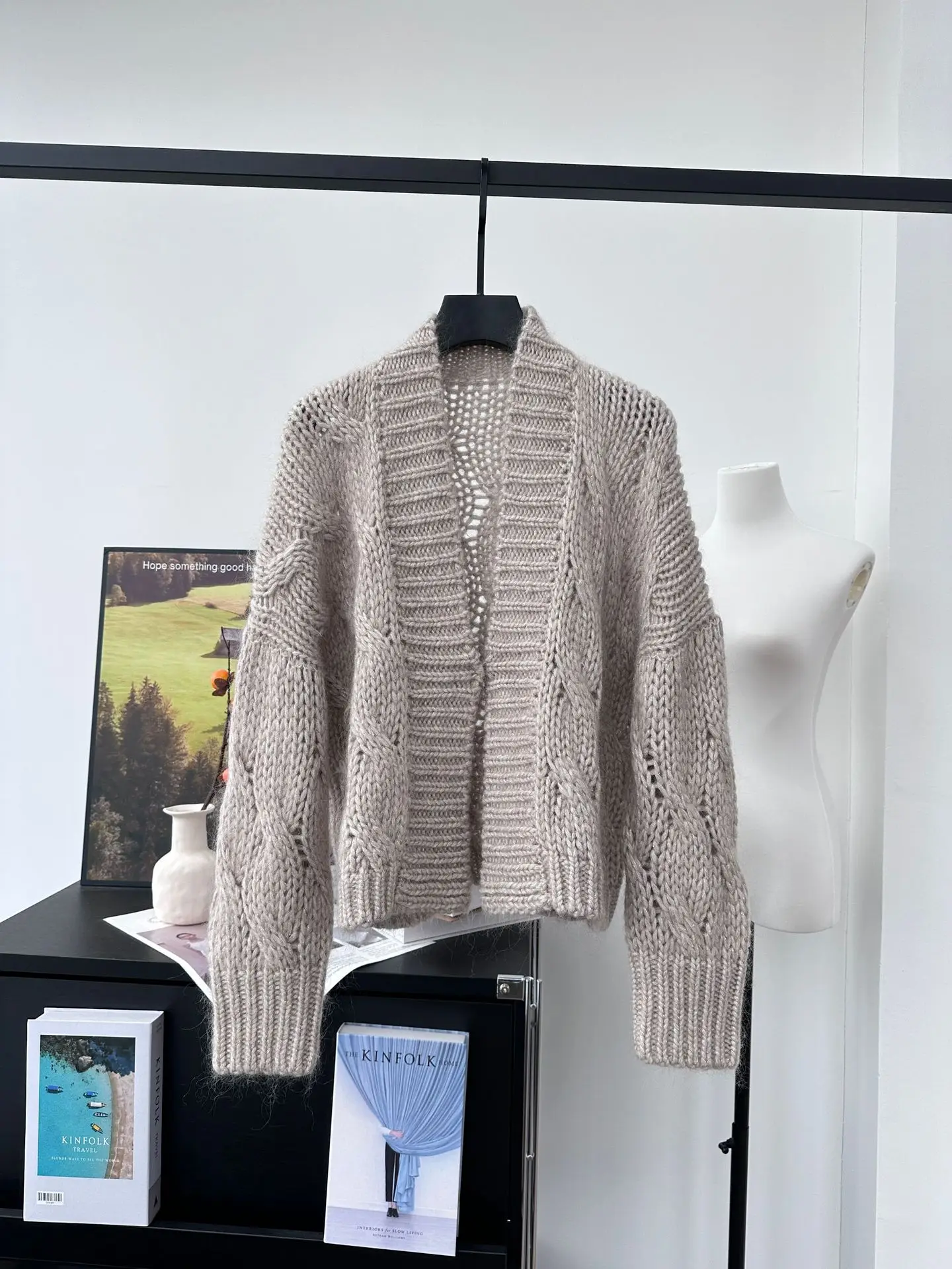 24 Autumn And Winter New Coarse Twist Silver Thread Mohair Knitted One Button Cardigan Sweater Jacket For Women