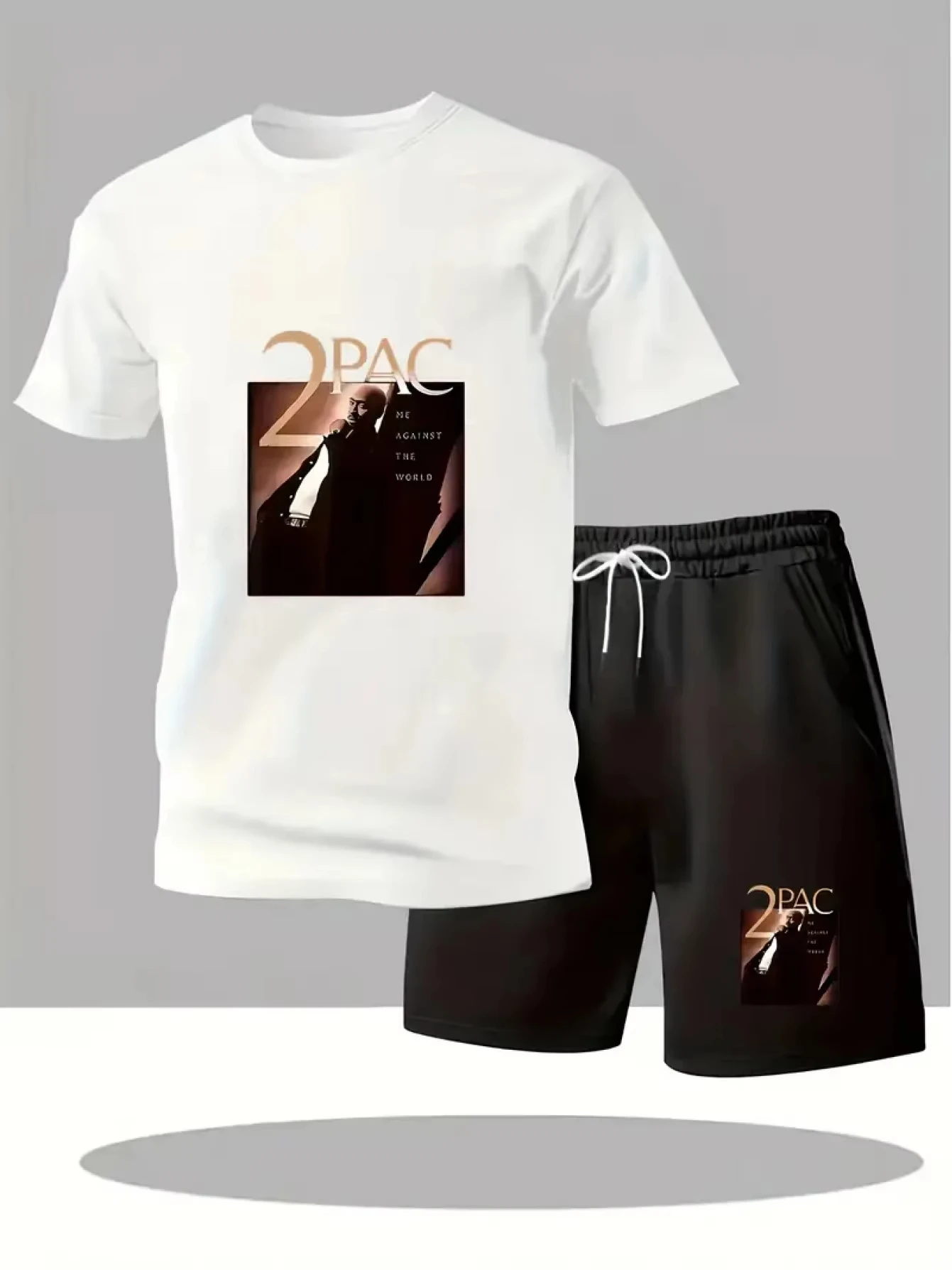 Herren 2PAC Bedrucktes Kurzarm-T-Shirt und Shorts Set Sommer Casual Streetwear Zweiteiler Outfit