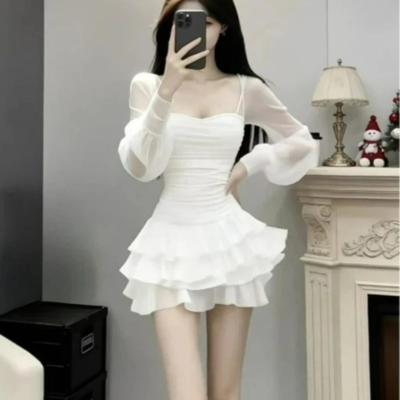 

Новое модное корейское платье для женщин: элегантное и нежное, черное, сетчатое, с квадратным вырезом, длинными рукавами, короткое, осенне-зимнее.