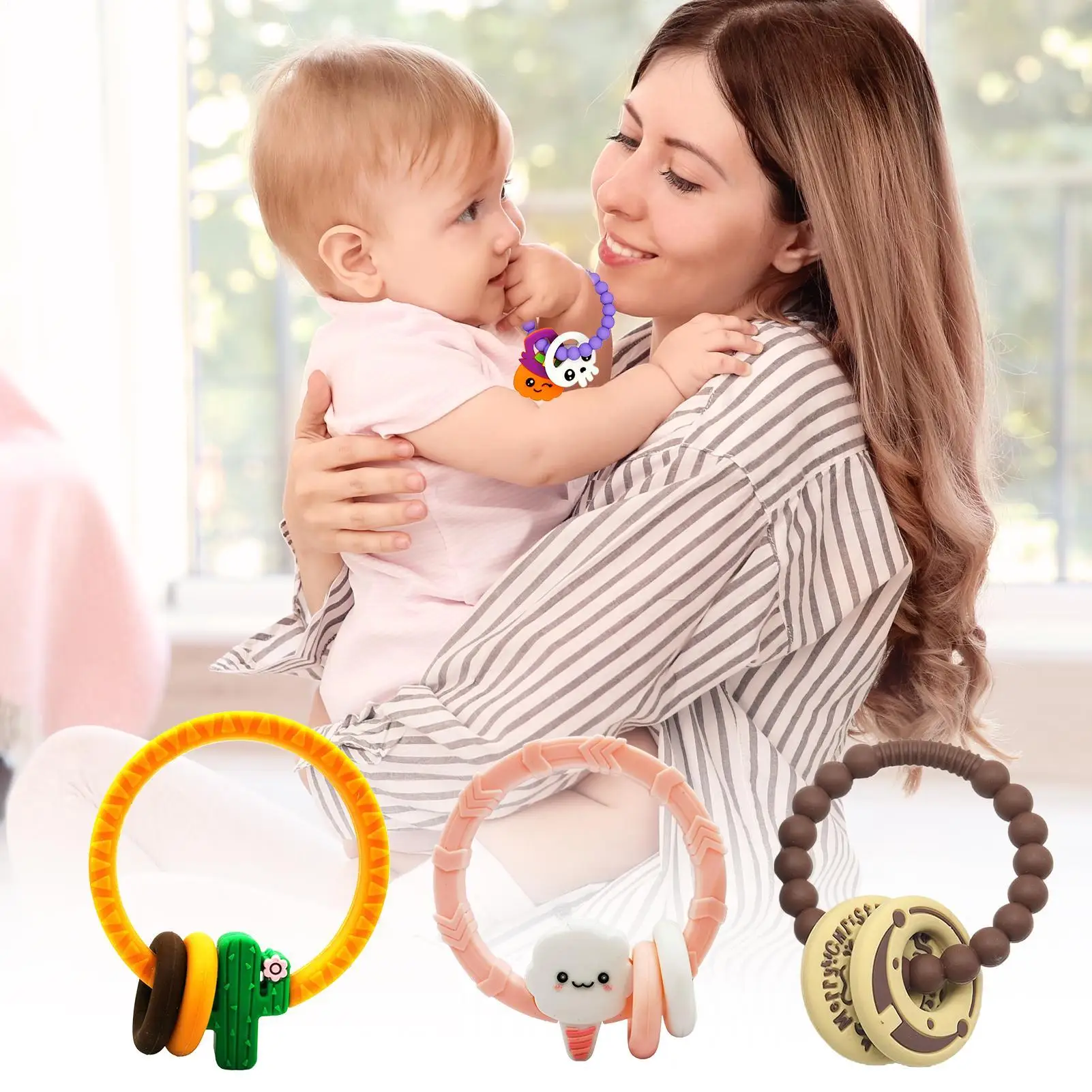 Baby Bijtringen Siliconen Chewer Kauwkauwring Met Rammelaar Kralen Voor Kinderen Jongens Peuter Thuis Slaapkamer Reizen Binnen Buiten Wiegjes