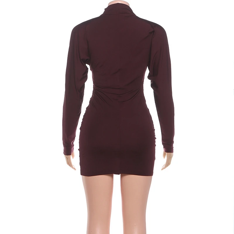 STYLISH LADY Elegant OL Ruched Waist Dress 2025 Autumn Women Long Sleeve O Neck Solid Color Bodycon Clubwear Party Mini Dresses