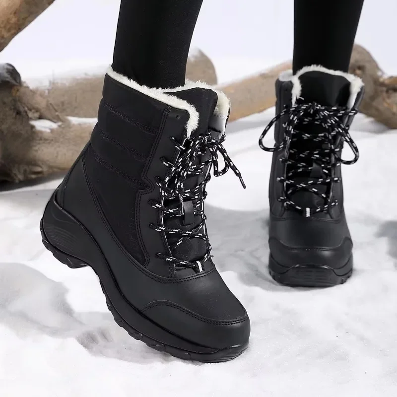 Women Winter Snow Boots Warm Faux Fur Lined Mid Calf Boots Lace Up Non Slip Platform Waterproof Comfortable Wear Resistant Shoes