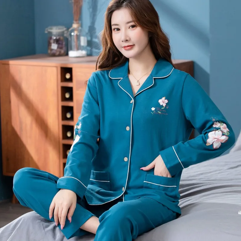 Latest Middle Age Elderly Pure Cotton Pajamas Women Spring Pyjamas Long Sleeve Large Size Sleepwear Set Loose Casual Nightdress