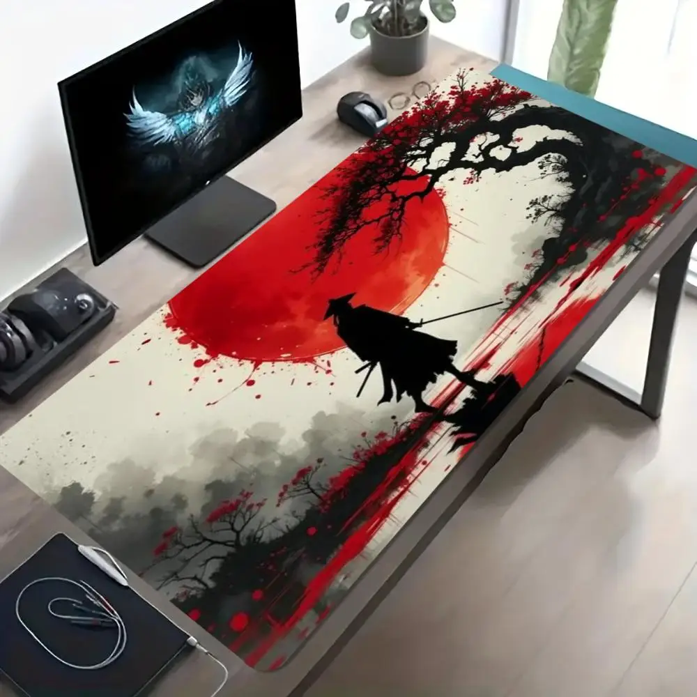 Ink Wash Samurai Sunset Large Gaming Mouse Pad Non Slip Rubber Stitched Edge HD Print Desk Mat for Gamer Laptop Office Workstati