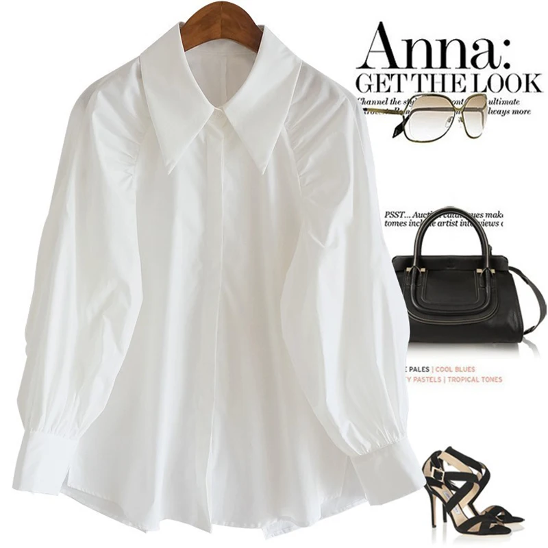 

Autumn 2025 Women's Cotton Lantern Sve irt Ba Split Gathered Loose Midi Length Casual Sle Long Sve Pure Color irt